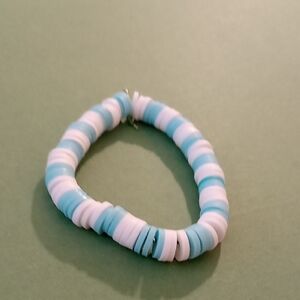 Blue and White Clay Disc Bead Stretch Bracelet